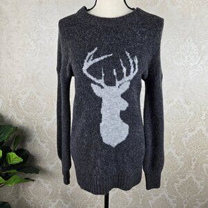 Yet Again Size Small Gray Deer Graphic Sweater Long Sleeve Tunic Length